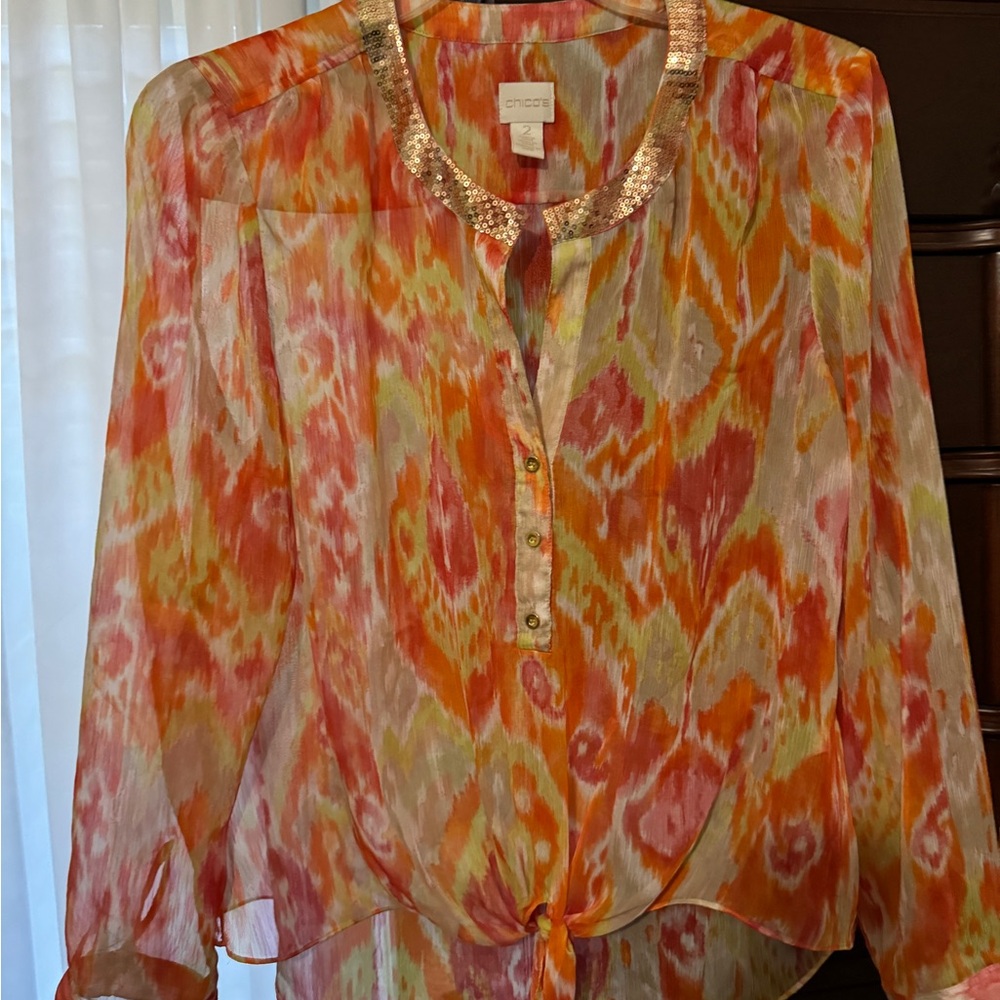 Chicos sheer orange and beige button  front blouse